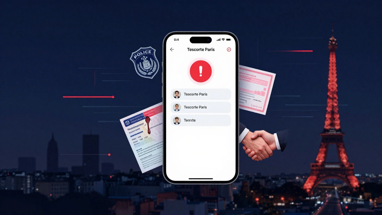 A floating smartphone screen displays a safety app alert, surrounded by symbolic images of visas, tears, and city lights.