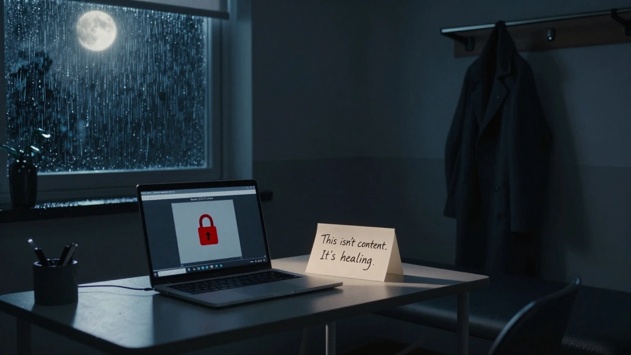 Empty therapy room at night, laptop shows recorded session file with red lock, handwritten note reads &#039;This isn’t content. It’s healing.&#039;