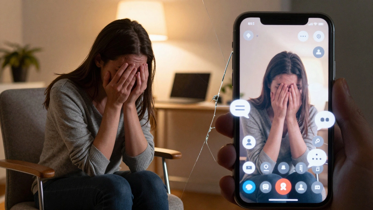 Split image: client crying in safe space vs same moment as grainy video on phone with social media icons.
