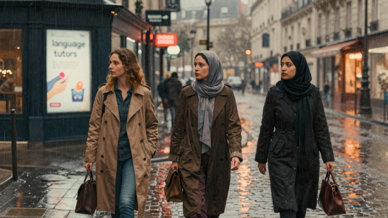 Three women from different backgrounds walk nervously through a rainy Paris night, their faces hidden, shadows stretching behind them.