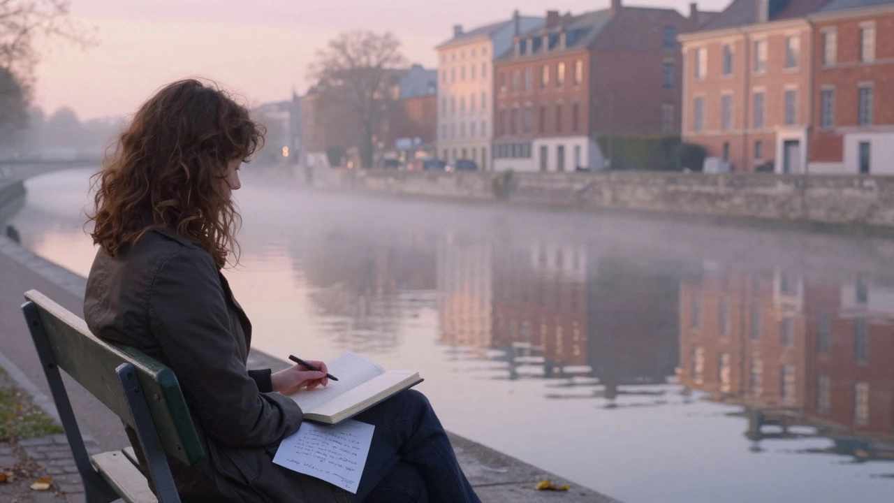 Woman sitting alone on a canal bench at sunrise, notebook open with handwritten quotes.
